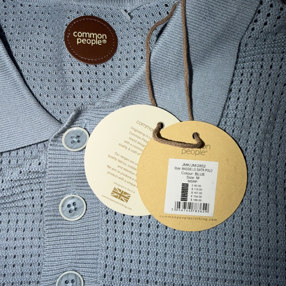 Common People Men's Medium Massie Long Sleeve Textured Sweater Polo Blue NWT - Picture 7 of 8